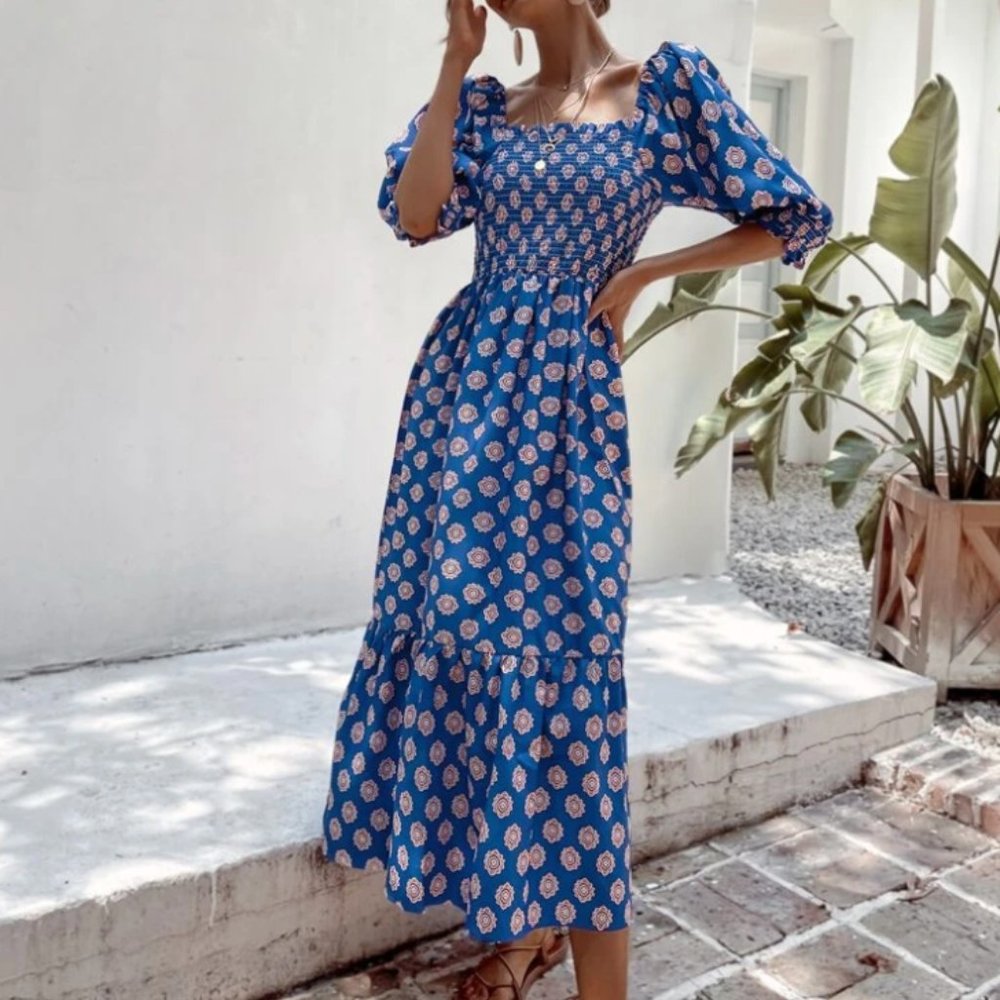 Allover Print Shirred Ruffle Hem A-Line Dress | Blue, Size Small